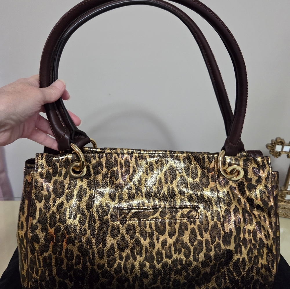 Vintage B Makowsky Metallic Leopard East West Flap Tote - Picture 5 of 8